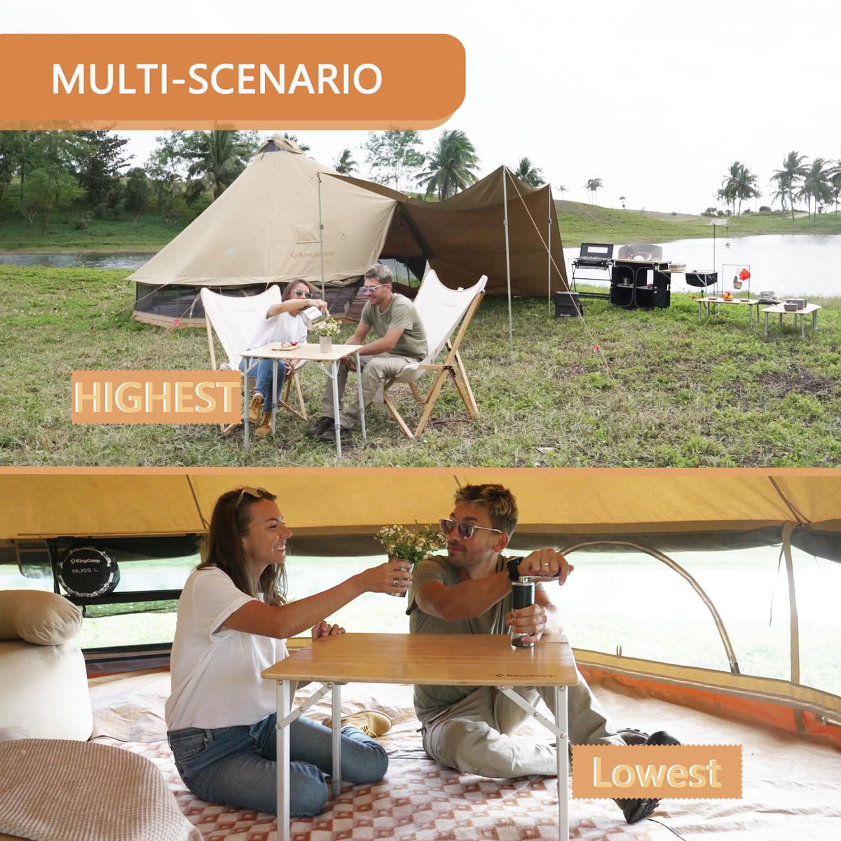 KingCamp Lightweight Stable Folding Camping Table Bamboo Outdoor Folding Tables Adjustable Height Portable Picnic