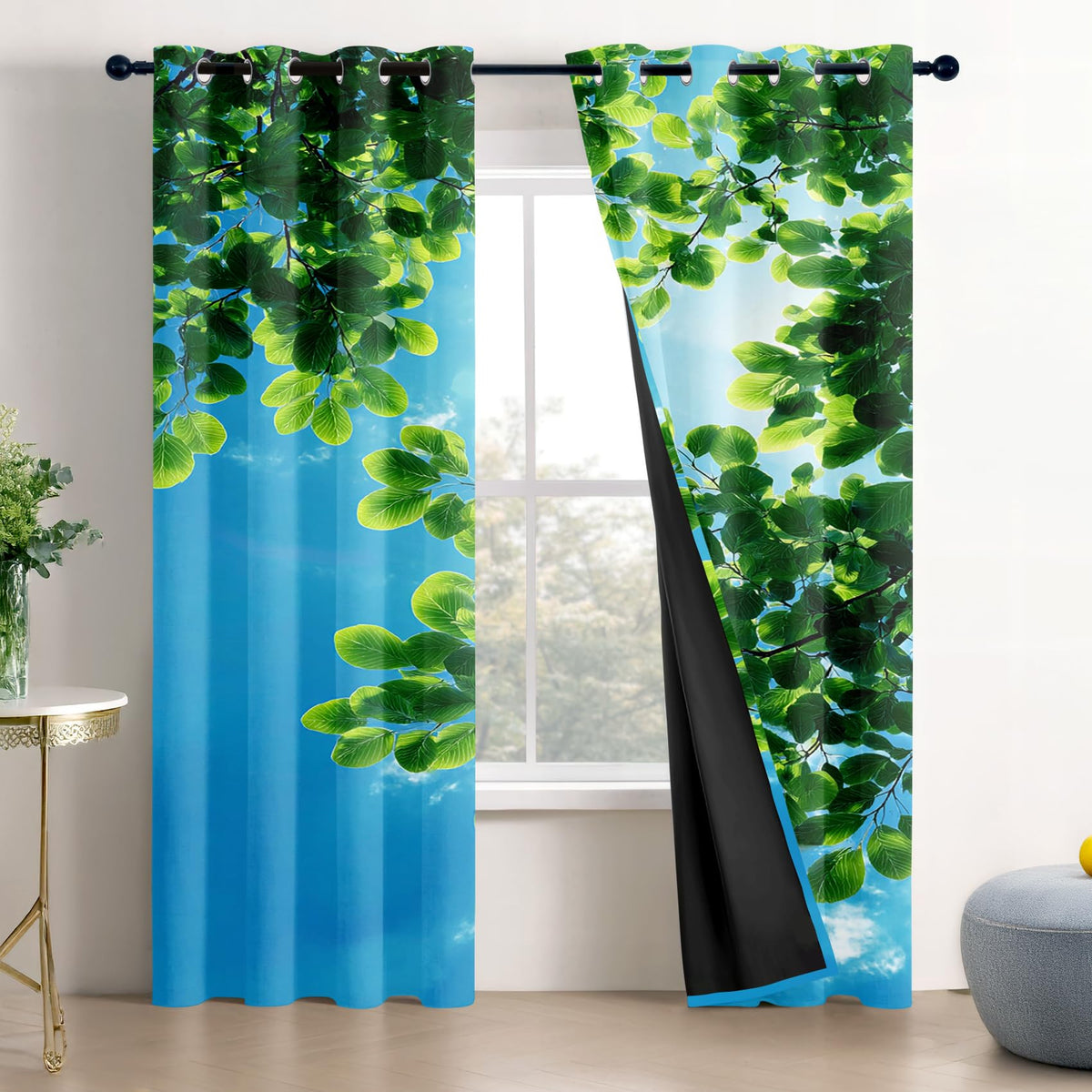 Solvivae Tree Black Out Curtains 63 Inch Long, Blue Sky Green Tree Nature Landscape Curtains for Bedroom Living Room, Room Darkening Thermal Insulated Grommet Drapes, Patterned Window Treatments