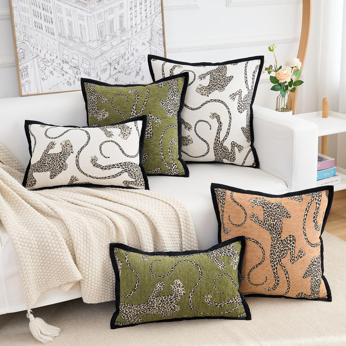 HERAYLI Premium Series, Snow Leopard Throw Pillow Covers, Animal Jacquard Cushion Cases for Home Decor, Chenille Velvet Double-Sided Designs, Dark Green, 18 x 18 inch, Covers Only