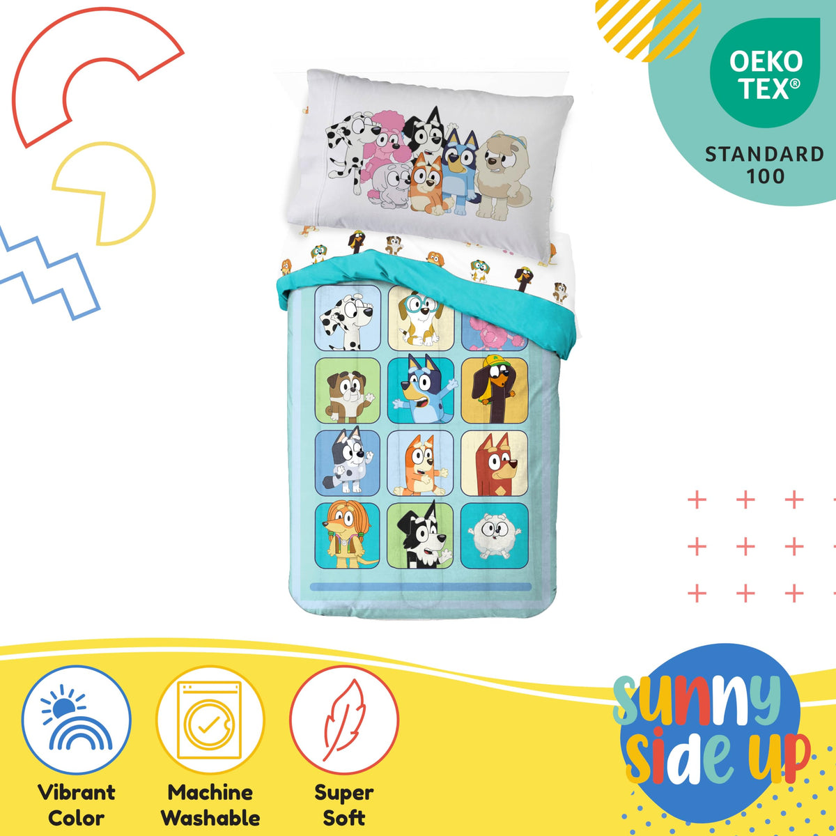 Sunny Side Up Bluey & Friends Toddler Comforter Set - 4 Piece Preschool Bedding Includes Comforter, Sheets & Pillow Cover - Super Soft Microfiber Bed Set