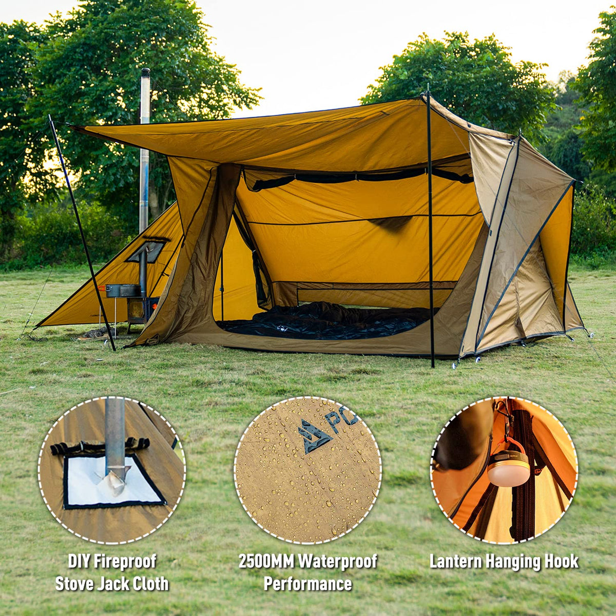 POMOLY Camping Hot Tent Bushcraft Tents, STOVEHUT 70 3.0 Shelter with 2 Tarp Poles and 2 Tent Poles for 1-2 Person Hiking, Backpacking (Without a Fireproof Ground Sheet)