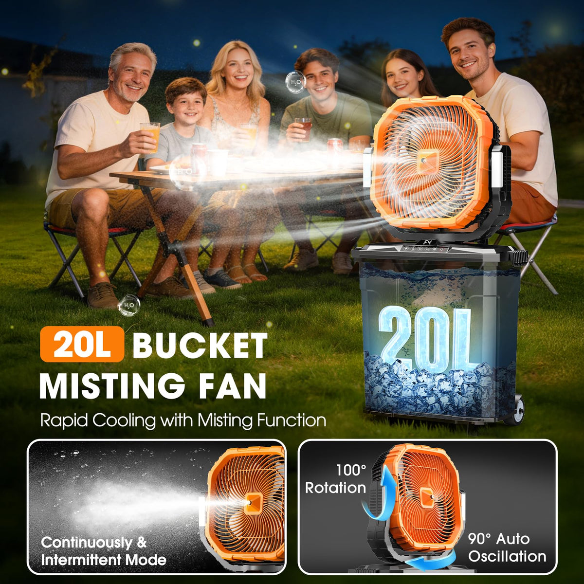 Ausic 5 Gal 12" Portable Misting Fan for Outside Patios, 30000mAh Outdoor Oscillating Rechargeable Battery Fan, Cooling Water Camping Fan with Telescopic Handle/Remote, Summer Dugout Essentials