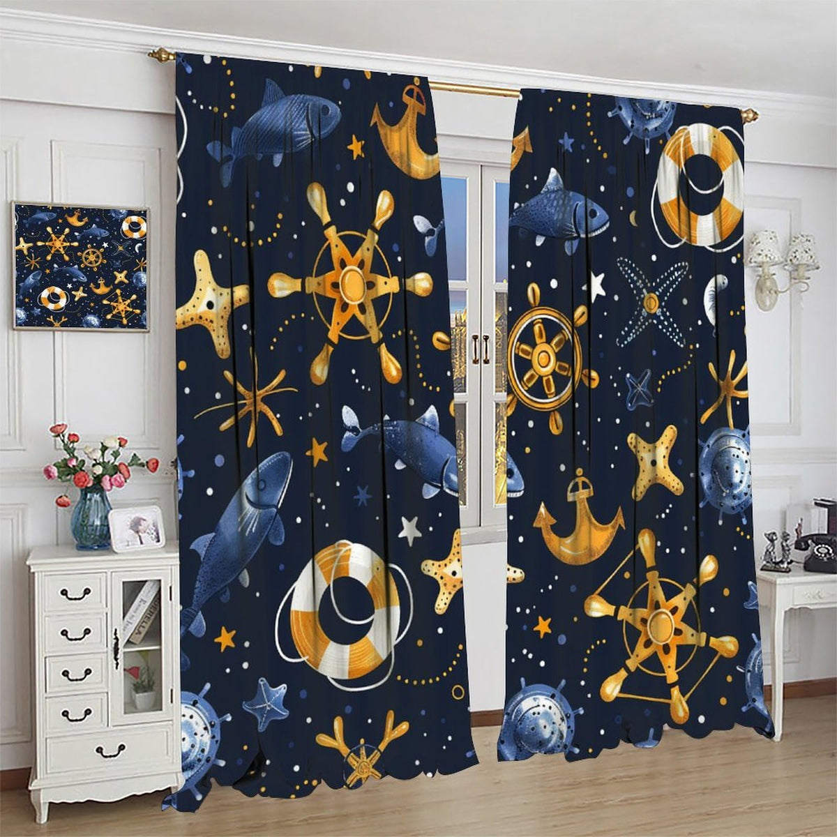 HDESDIS Fantasy Ocean Boat Anchor Blackout Curtains for Bedroom Living Room, Rod Pocket Abstract Starry Life Buoy Fish Curtains Thermal Insulated Window Drapes 2 Panels, Each 21W x 45L