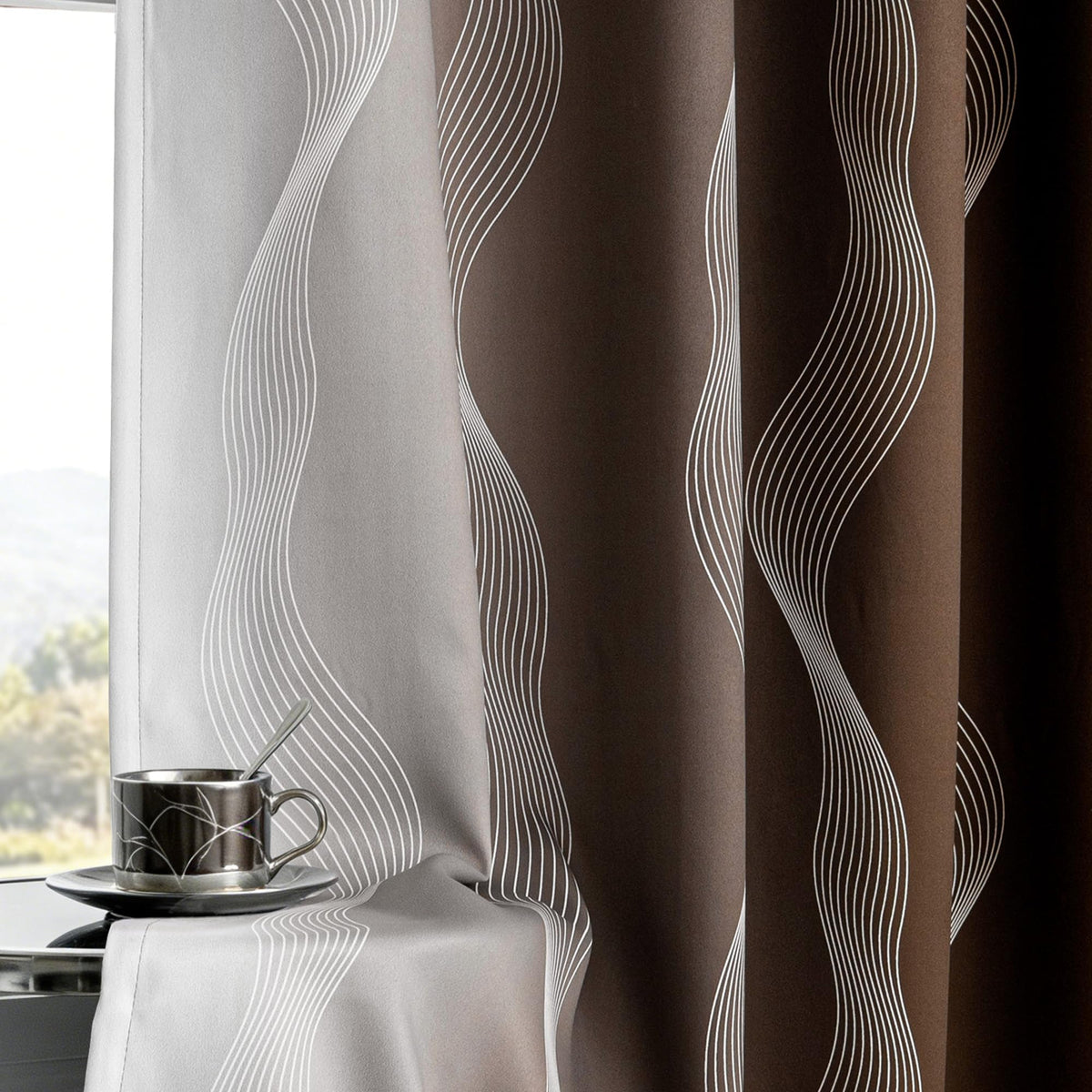 MYSKY HOME Brown and Greyish White 95% Blackout Ombre Curtains 63 inch Length 2 Panels for Bedroom Black Out Thermal Insulated Wave Line Foil Print Design Gradient Drapes for Office Classroom, W 52"