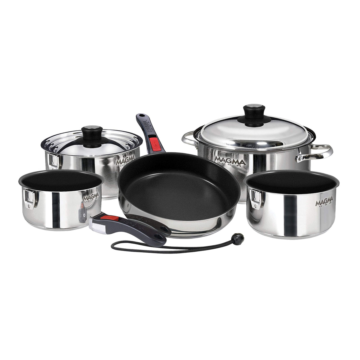 Magma 10 Piece Gourmet Nesting Stainless Steel Cookware Set with Ceramica Non-Stick, Induction Compatible, Oven Safe to 500°F - Suitable for All Stovetops, Removable Handles, Silver