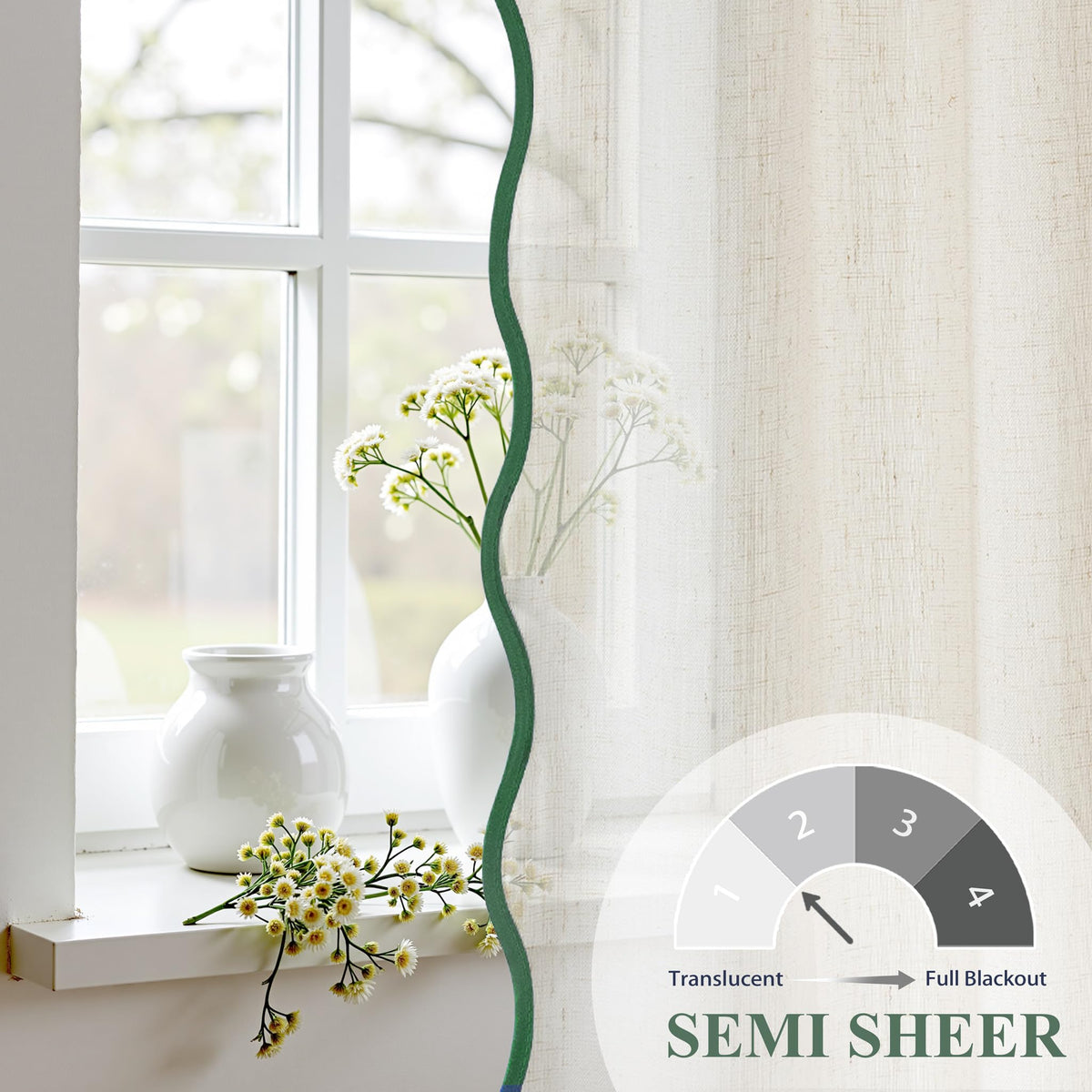 DriftAway Semi Sheer Scalloped Edge Linen Coastal Beach Window Curtains for Living Room Bedroom 2 Panels Rod Pocket Each Size 52 Inch by 84 Inch Loden Green
