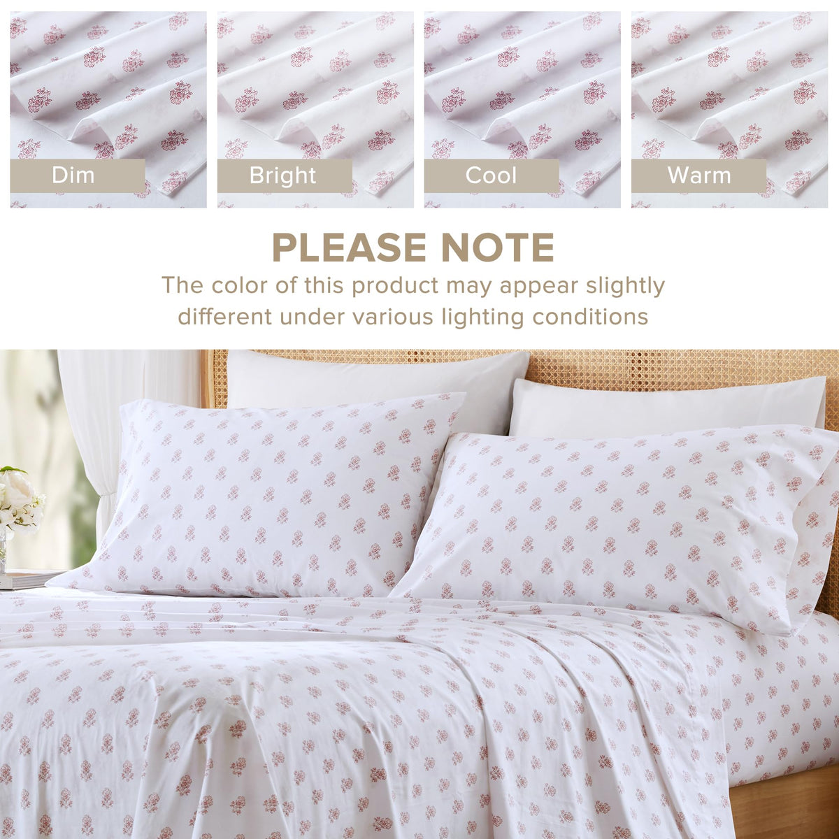 Comfort Spaces 100% Cotton Sheets King, Breathable, Naturally Cool Cotton Sheets, Soft Cotton Bed Sheets with 14" Elastic Pocket Fits up to 16" Mattress, All Seasons Sheet Set, Floral Pink 4 Piece