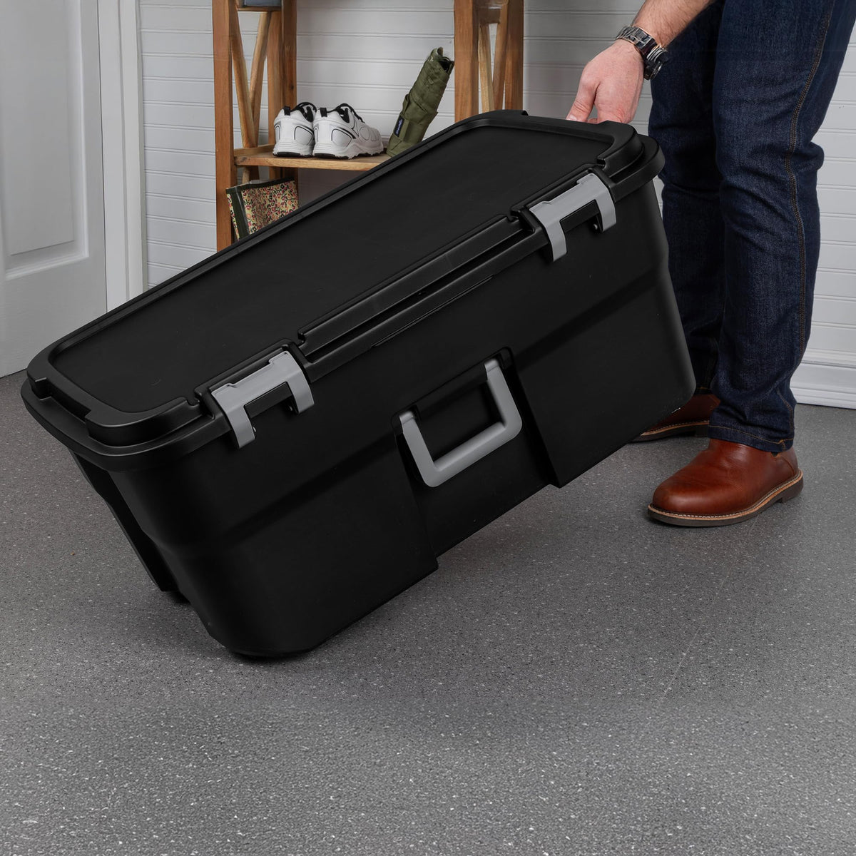 Sterilite 4 Pack Wheeled Footlocker, 22 Gallon Plastic Storage Container with Latching Lid and Handles, Black - Large Stackable Bin Home Organizer