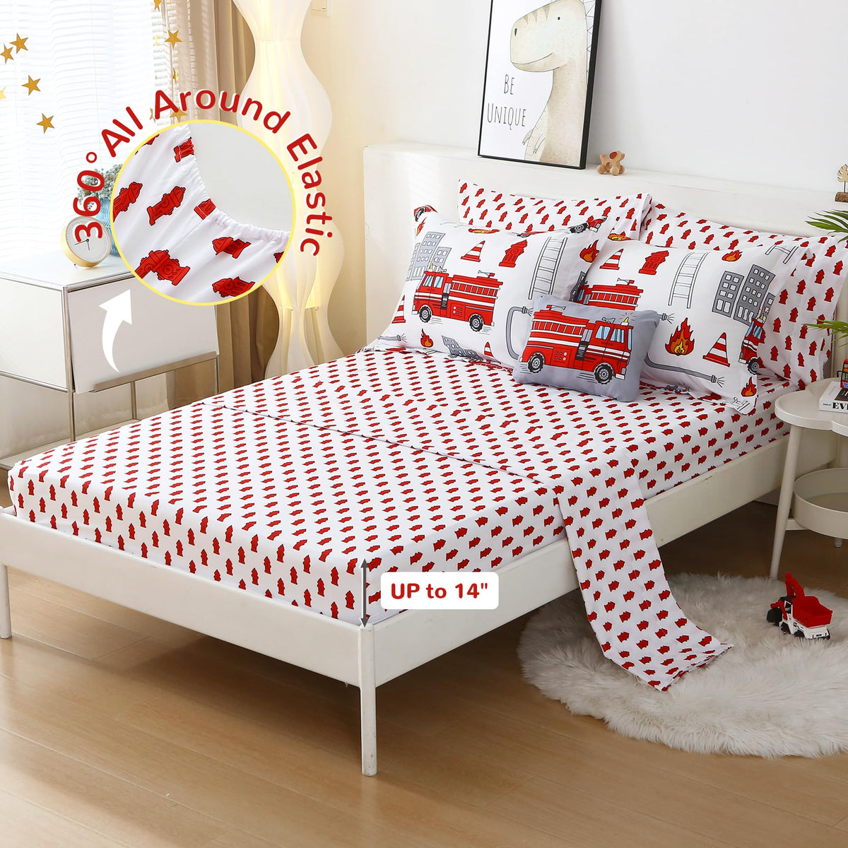 Mooreeke Kids Twin Comforter Sets for Boys 6 Pieces Fire Truck White Bedding Set for Teens Soft Microfiber Kids Bed in A Bag with Comforter, Sheet Set, Shams and Decorative Toy Pillow All Season
