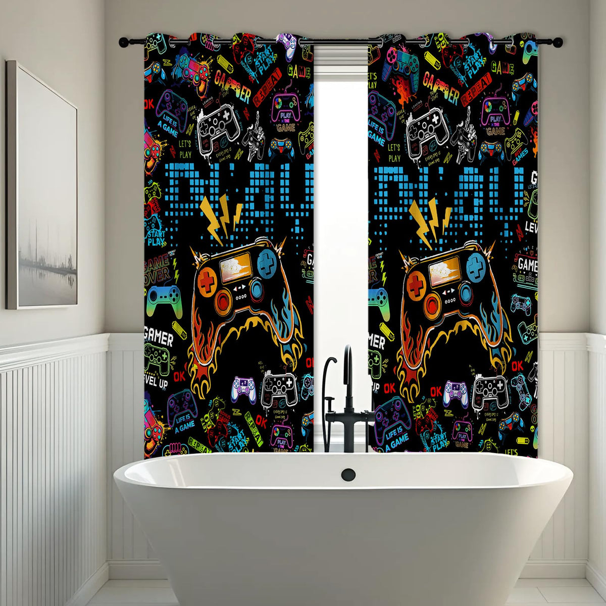 SIOQCKIS Gamepad Game Curtains for Boys Bedroom, Gaming Curtains for Boys Room, Game Controller Boy Curtain for Bedroom, 52 x 84 Inch Long 2 Panels Gamer Curtain for Kids, Video Games Window Decor