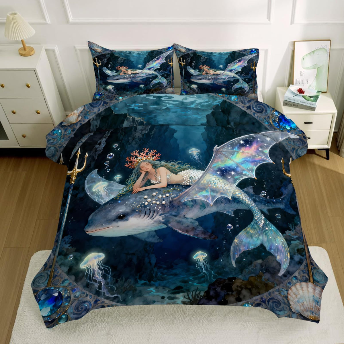 kxry Mermaid King Bedding Sets for Girls Kids, Ocean Fish Scales Quilt, Coastal Nautical Sea Animal Comforter Sets, Cute Jellyfish Duvet, Sparkle Mermaid Fish Scale Soft Comforter, 3 Pcs
