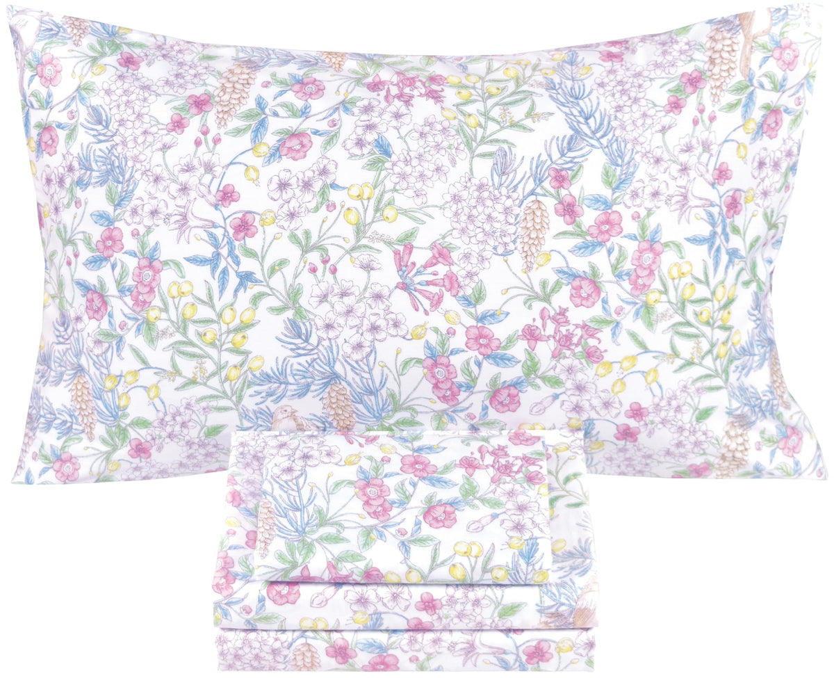 Scientific Sleep Vine Flower Plants Leaves Wild Fruit Bird Vintage Floral 100% Cotton Bed Sheet Set Kids Girls Teen, Flat Sheet & Fitted Sheet & Pillowcase Bedding Set (Botanic Garden, Twin)