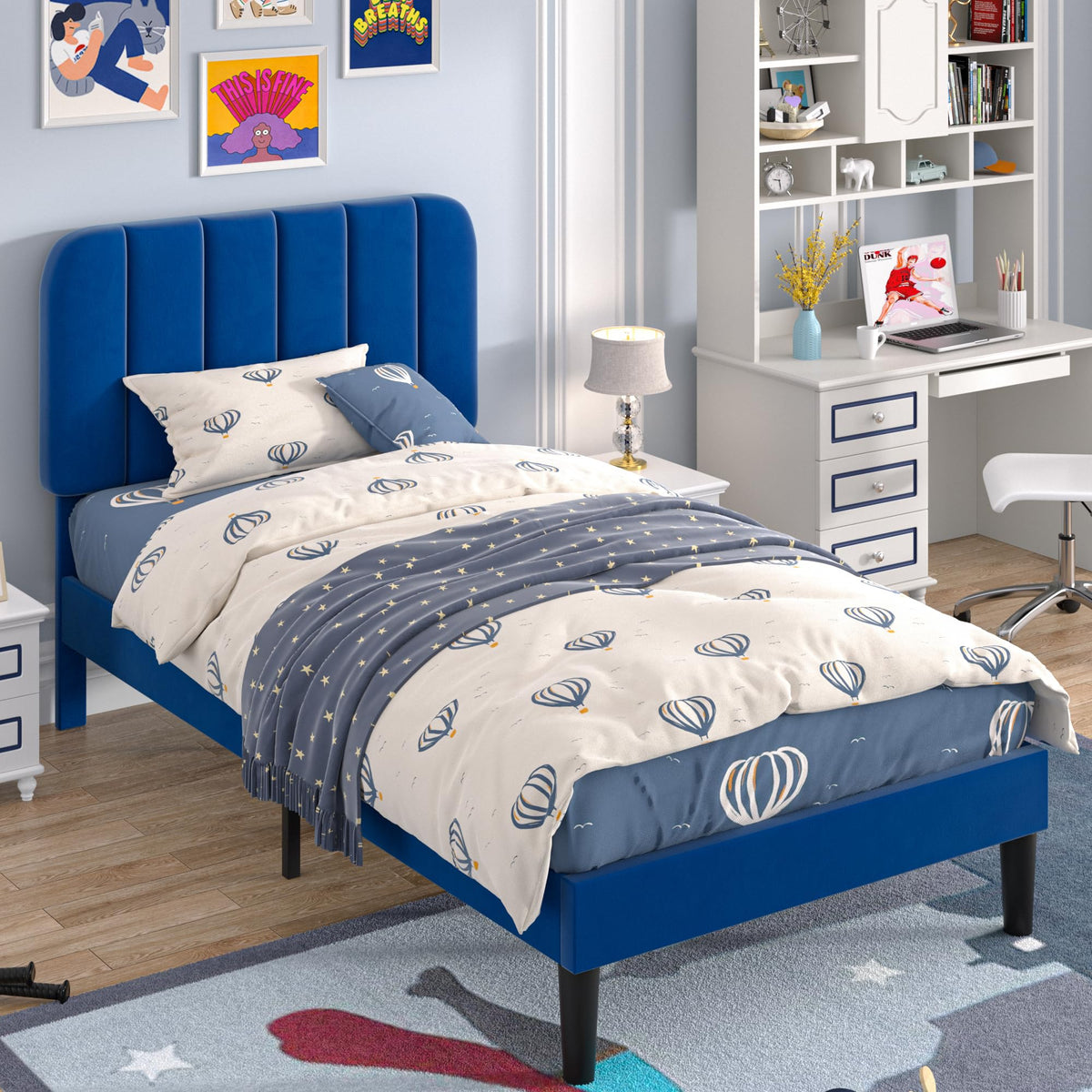 VECELO Twin Size Bed Frame with Upholstered Headboard, Velvet Platform Bedframe Mattress Foundation, Strong Wood Slat Support, No Box Spring Needed,Blue