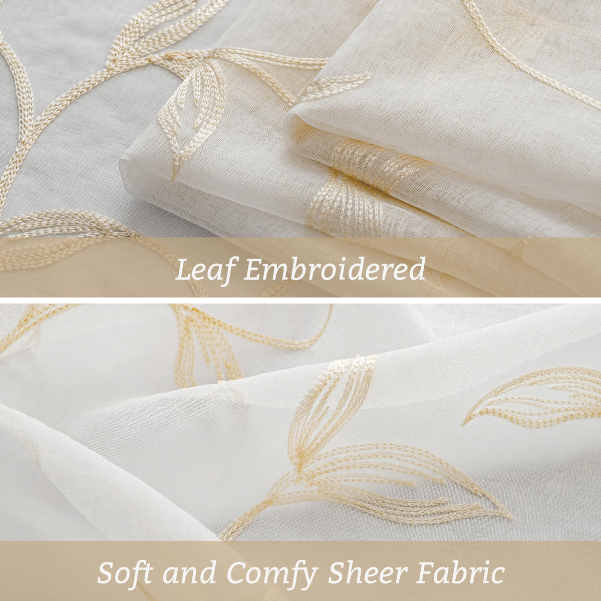 VISIONTEX 2 Panels Sheer Curtains 84 Inches Long, Cream Beige Floral Leaf Embroidered Semi Sheer Voile Curtains, Rod Pocket Light Filtering Window Drapes for Bedroom Living Room 54W x 84L