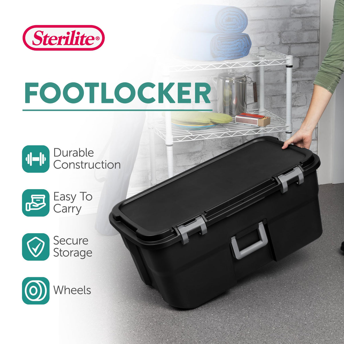 Sterilite 4 Pack Wheeled Footlocker, 22 Gallon Plastic Storage Container with Latching Lid and Handles, Black - Large Stackable Bin Home Organizer