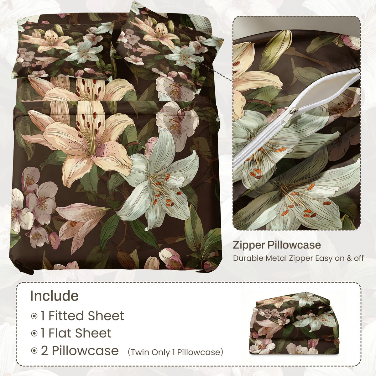 Lily Floral Sheet Set, 4 Pcs Full Size Botanical Bed Sheets