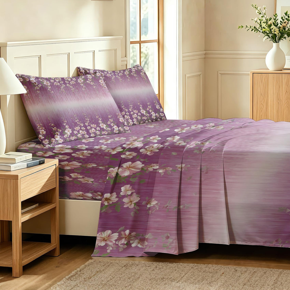Girls Flower Queen Sheet Set 4 Pcs Purple Gradient Bed Sheets