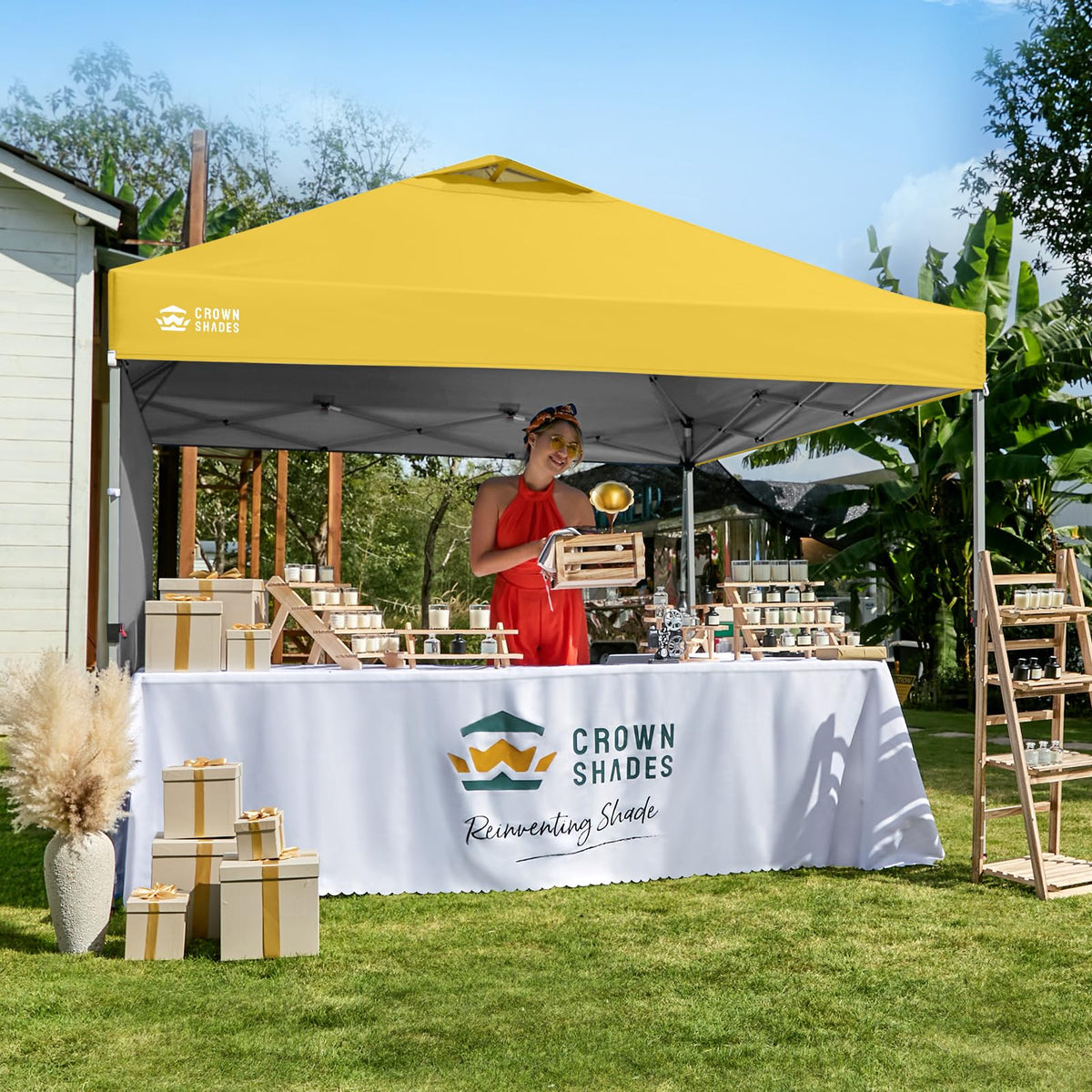 CROWN SHADES 10x10 Pop Up Canopy with 1 Side Wall - Beach Tent with One Push Setup - Outdoor Sun Shade for Events, Parties, Camping - Gazebo with STO-N-Go Cover Bag (Yellow)