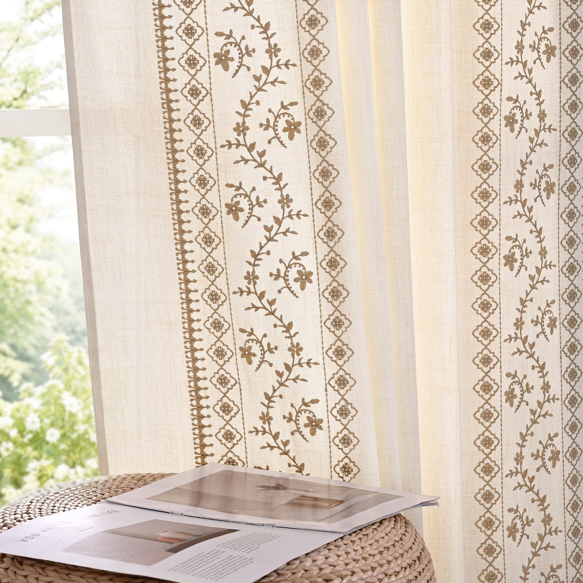 Yinhua Boho Curtains for Living Room 84 Inch Long Brown Embroidered Floral Bedroom Curtains, Farmhouse Light Filtering Window Curtain Rod Pocket & Back Tab Drapes, 52" W x 84" L, 2 Panels