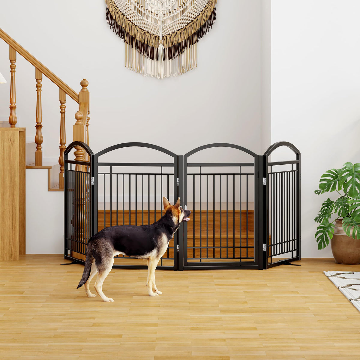 THKKY Folding No-Assembly Metal Freestanding Dog Gate with Door Walk Through,32" Height Pet Fence,96" Extra Wide Accordion Puppy Folding Playpen for Doorways,House,Stairs (4 Panels,Black)