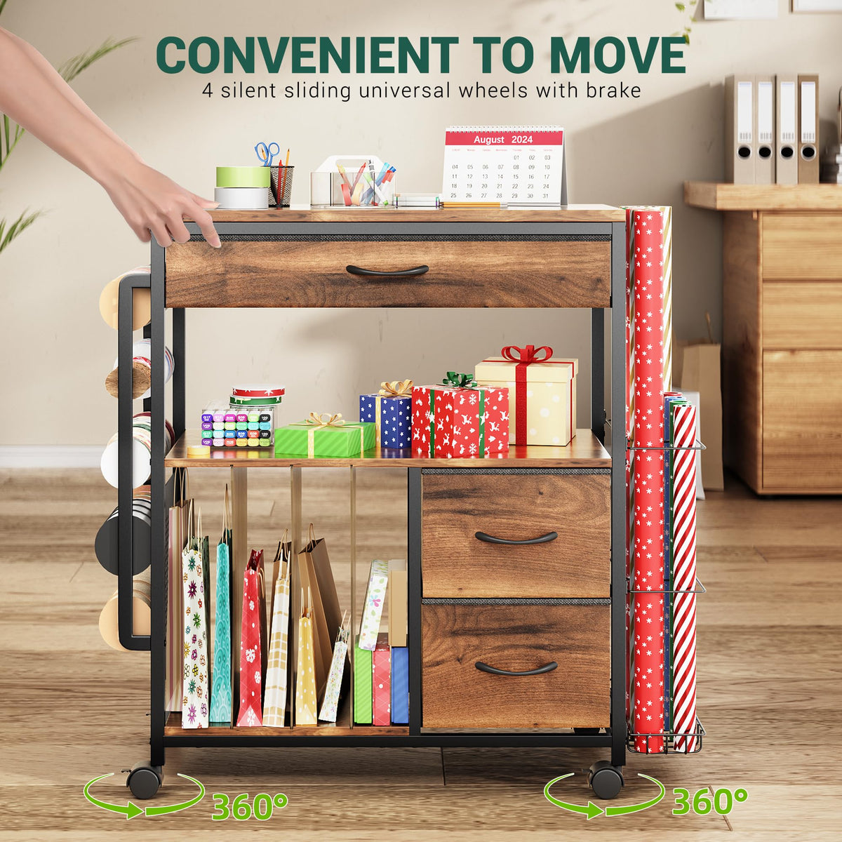 PUNLUXU Wrapping Paper Storage Cart, Rolling Gift Wrap Station with Ribbon and Gift Bag Storage, Wrapping Paper Organizer Holder, Craft Organizers and Storage for Christmas, Craft Storage Cart 004