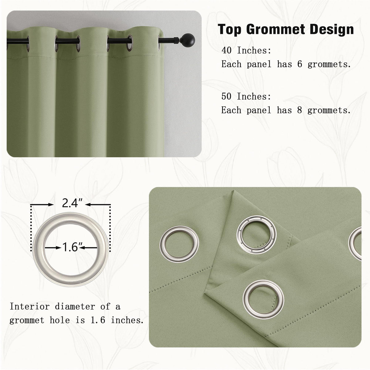 Simplebrand Sage Green Room Darkening Curtains for Bedroom 63 Inch Length 2 Panels Set, Thermal Insulated Energy Saving Curtains for Kids Room, Grommet Solid Nursery Window Treatment Drapes, W40 x L63