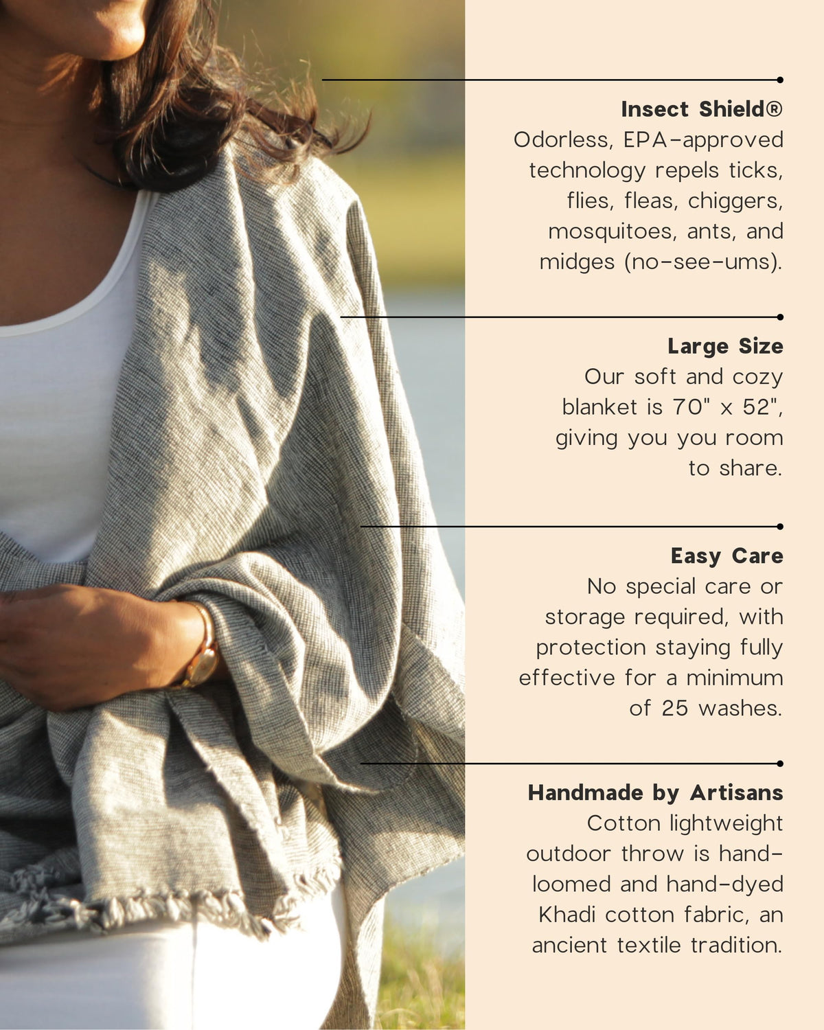 Pang Wangle Bug Repellent Tranquil Blanket with Insect Shield Technology Repels Mosquitoes, Ticks, Flies and More in One of a Kind Handmade Khadi Cotton (Black)