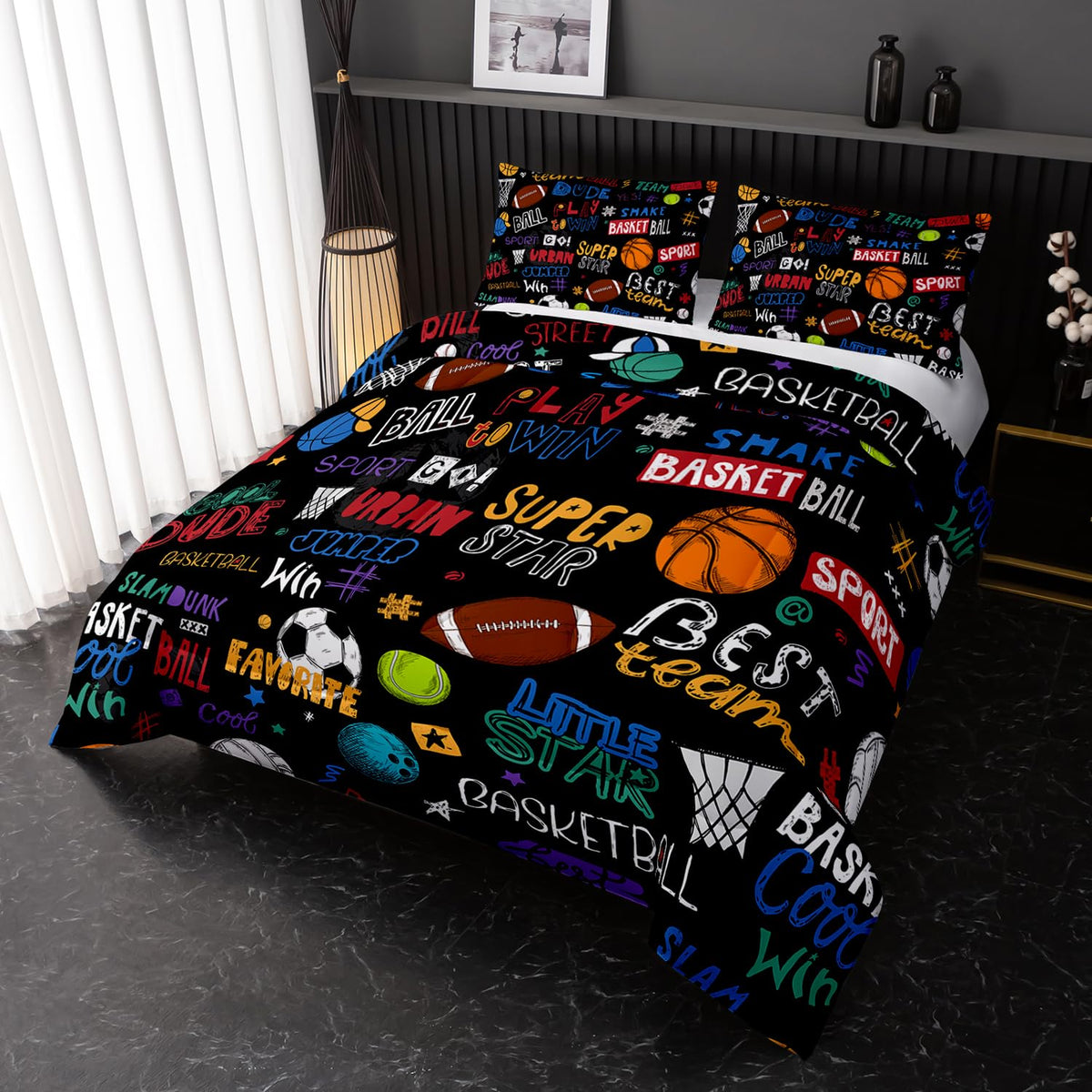 Nttopship Sports Ball Twin Comforter Set,Football Rugby Basketball Bedding Set for Kids Boys Girls Youth Ball Sports Themed Bedroom Decor Bedding Set 3 Pcs Bed in A Bag (1 Comforter, 2 Pillow Case)