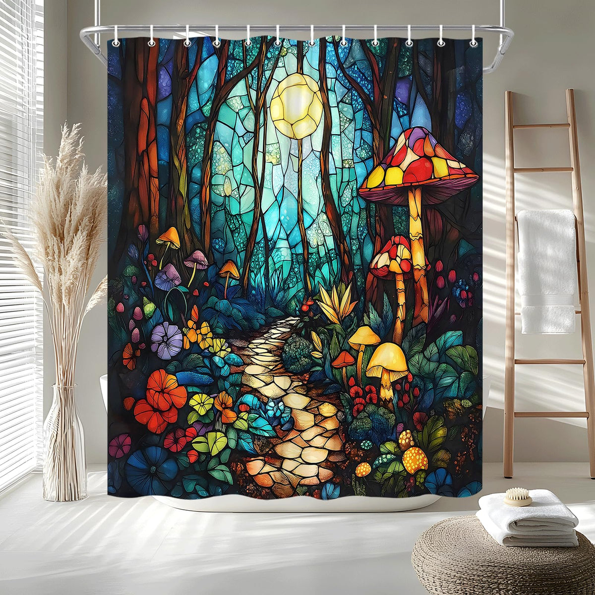 Fantasy Forest Shower Curtain Stained Glass Fairy Garden Mushroom Full Moon Wonderland Wood Tale Tree Magical Spring Floral Bath Curtain Fabric Bathroom Accessories Decor with Hooks (70.00"LX70.00"W)