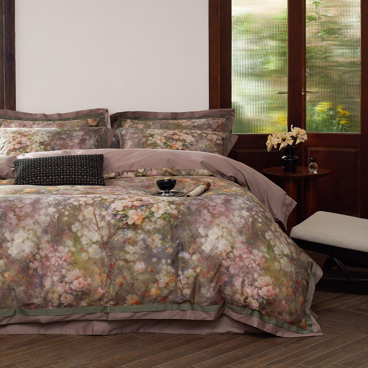 VM VOUGEMARKET Garden Flower Duvet Cover Set Queen,3 Pieces Pink Floral Duvet Cover with 2 Pillow Shams Smooth Silky Long Staple Cotton Bedding Set-Queen,90x90 Inch