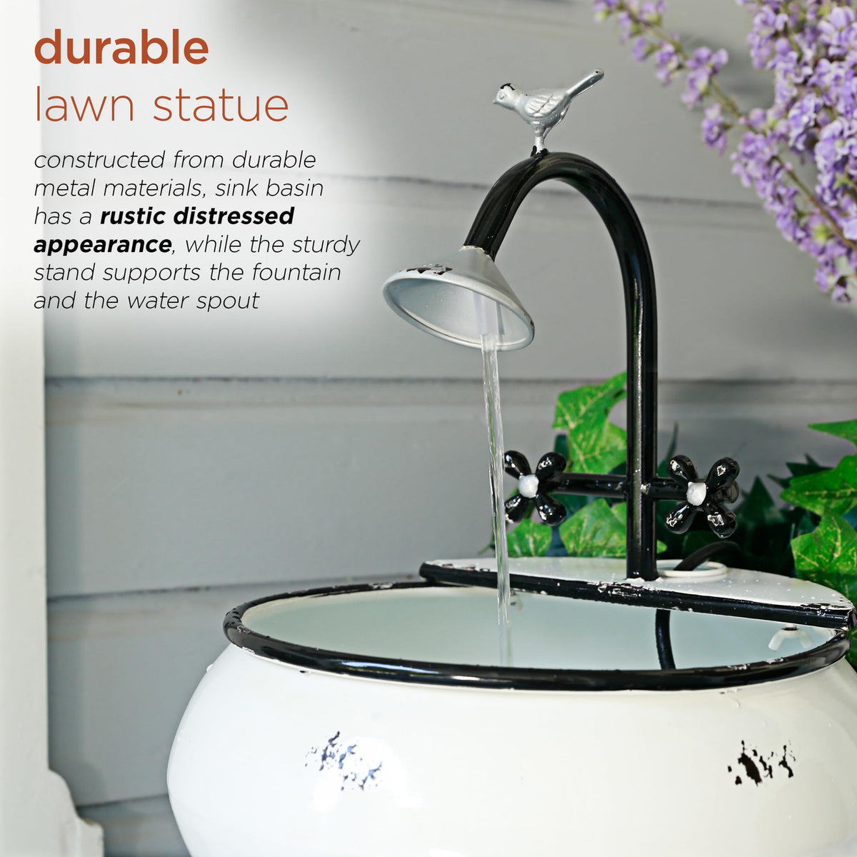 Alpine Corporation YHL170 32” Indoor/Outdoor Antique Metal Sink Water Fountain with Stand – Charming Waterfall Feature for Garden, Patio & Home Decor, White