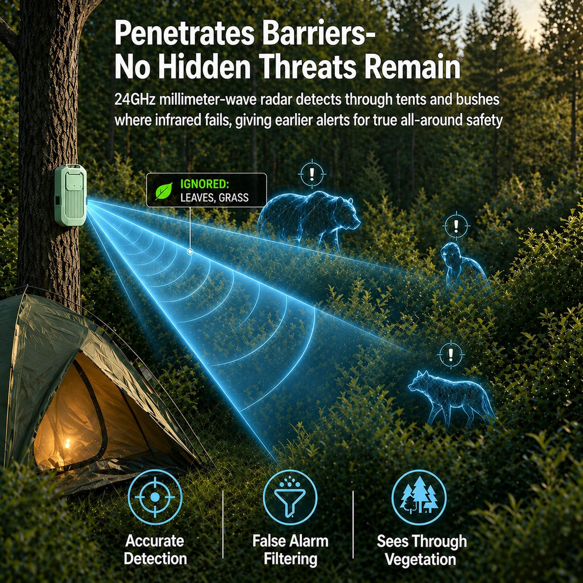 LETWESAF Wireless Radar Motion Detector Sensor – Add-On Accessory Only, No Receiver – 1/2 Mile Range, 50ft Detection Zone, Rechargeable, Weatherproof– Outdoor Security for Camping Home Driveway（Green）