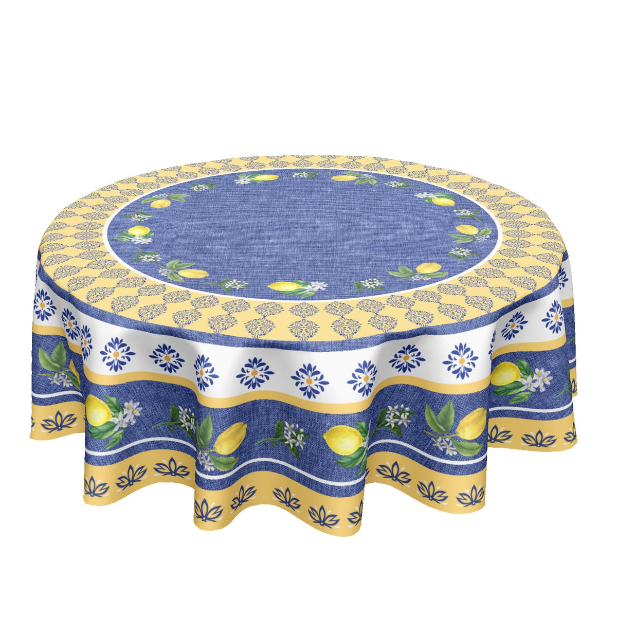Kawani Lemon Round Tablecloth 70 Inch Blue Yellow French Country Style Fruit Floral Print Table Cloth Rustic Farmhouse Table Cover for Kitchen Dining Room Party Home Decor
