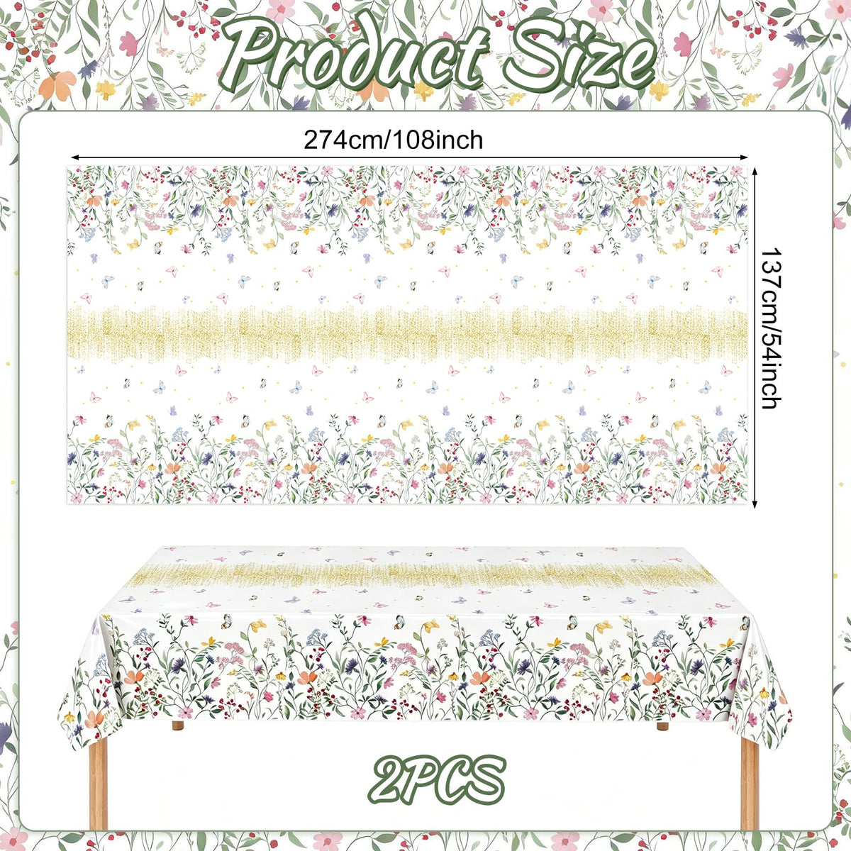 Floral Tablecloth 2 Pack Wildflower Tea Party Disposable Table Cover