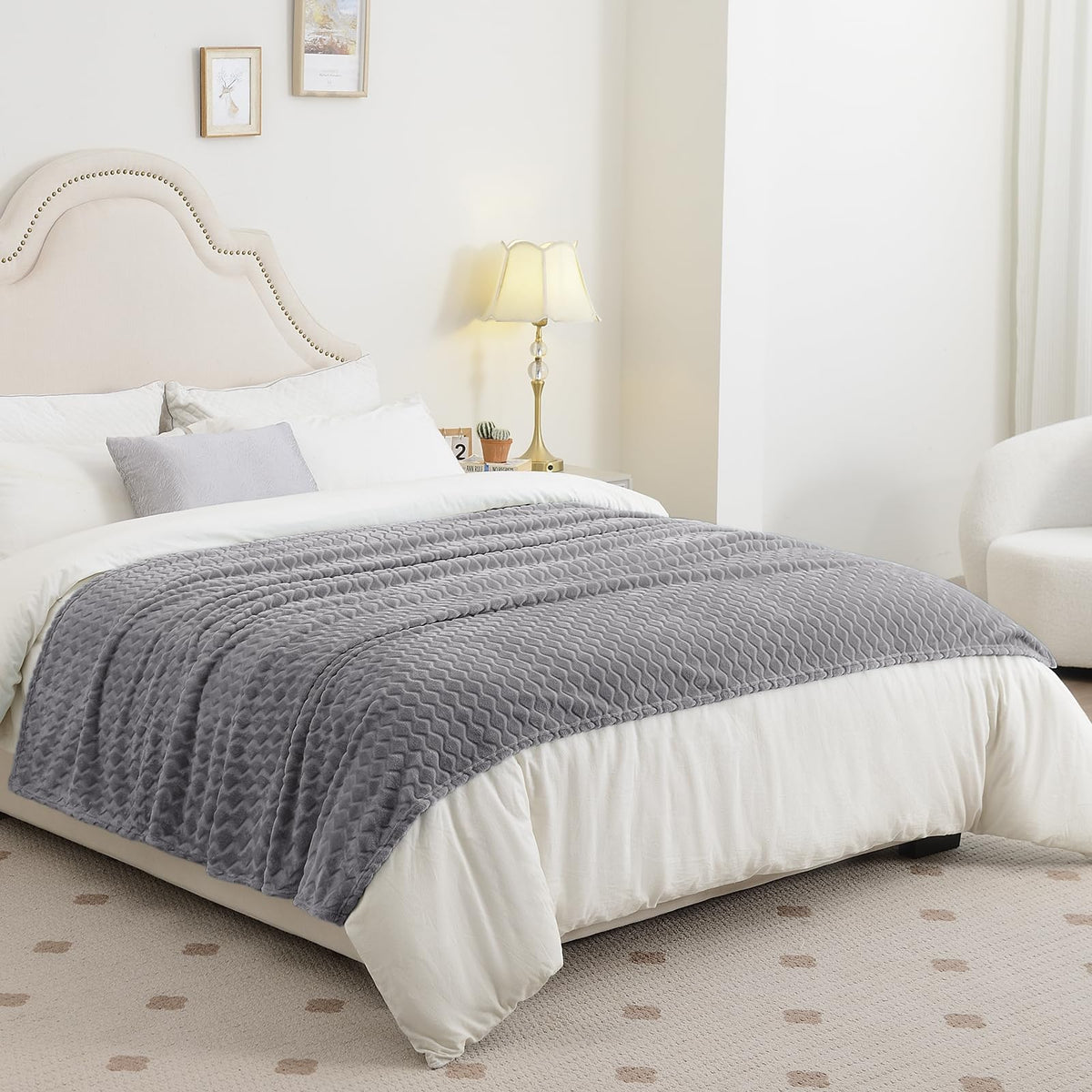 PLEASANT BOULEVARD | Super Soft FleeceThrow Blanket Velvet Wave Pattern Lightweight Cozy Flannel Blankets for All Seasons, Elegant Comfort Luxury Grey Fluffy Blankets, Throw (50" x 60")