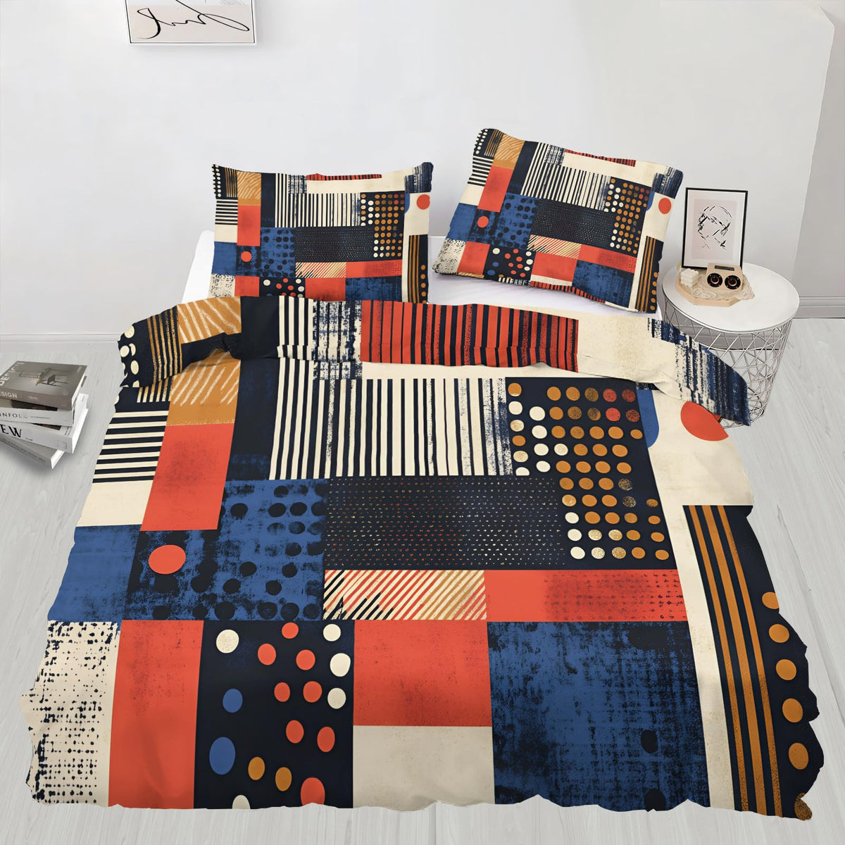 GKPLY Geometric Blocks Comforter Set King, Strip Dot Distressed Duvet Cover Set, Mid Century Bedding Set & Home Decor, Zipper & Ties, Reversible Print - Boho Abstract Quilt & 2 Pillow Cases