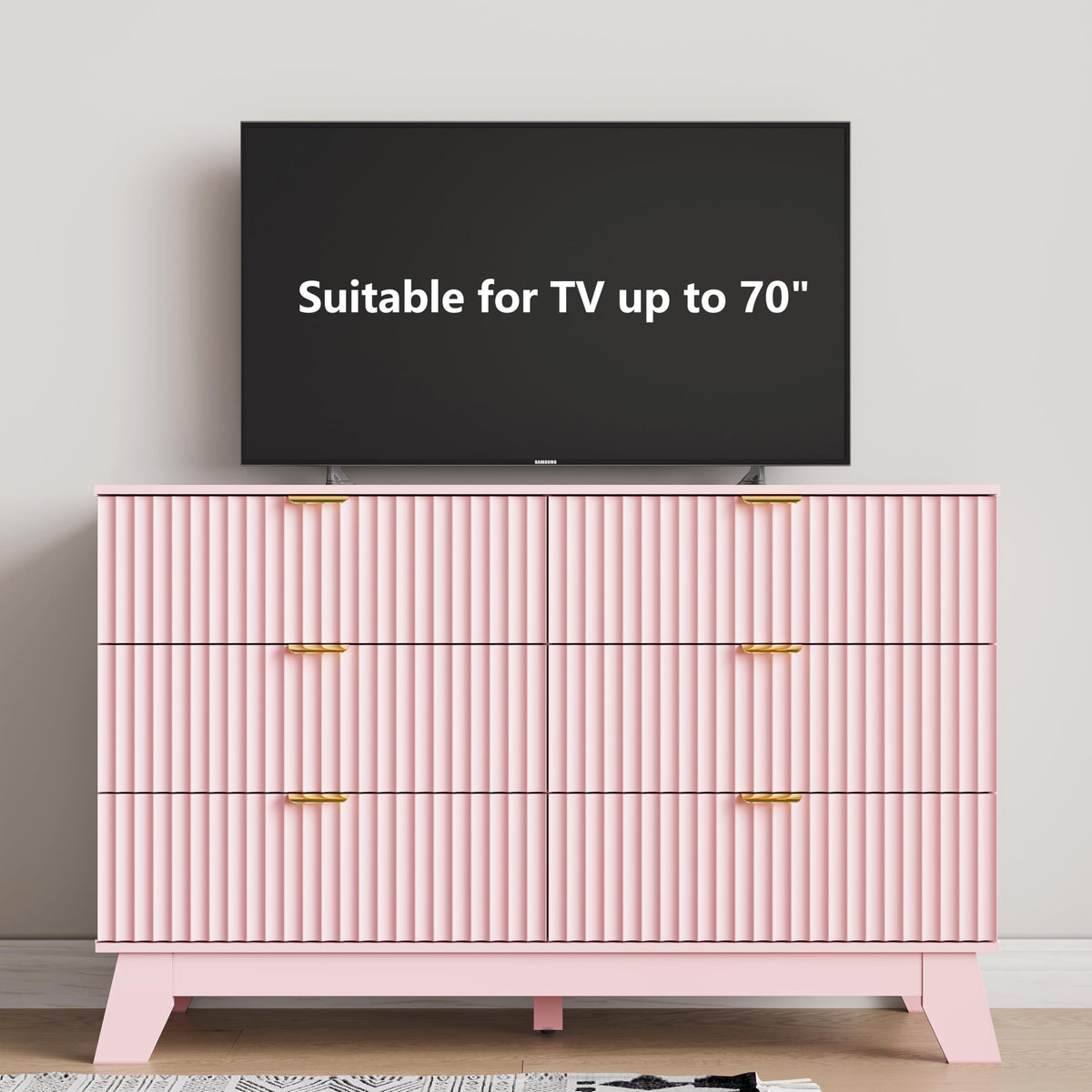 6 Drawer Dresser for Bedroom, Fluted Dressers Chest of Drawers with Gold Handle, Mid Century Modern Dresser for Closet, Wood Closet Storage Organizer Furniture for Bedroom, Living Room, Hallway, Pink