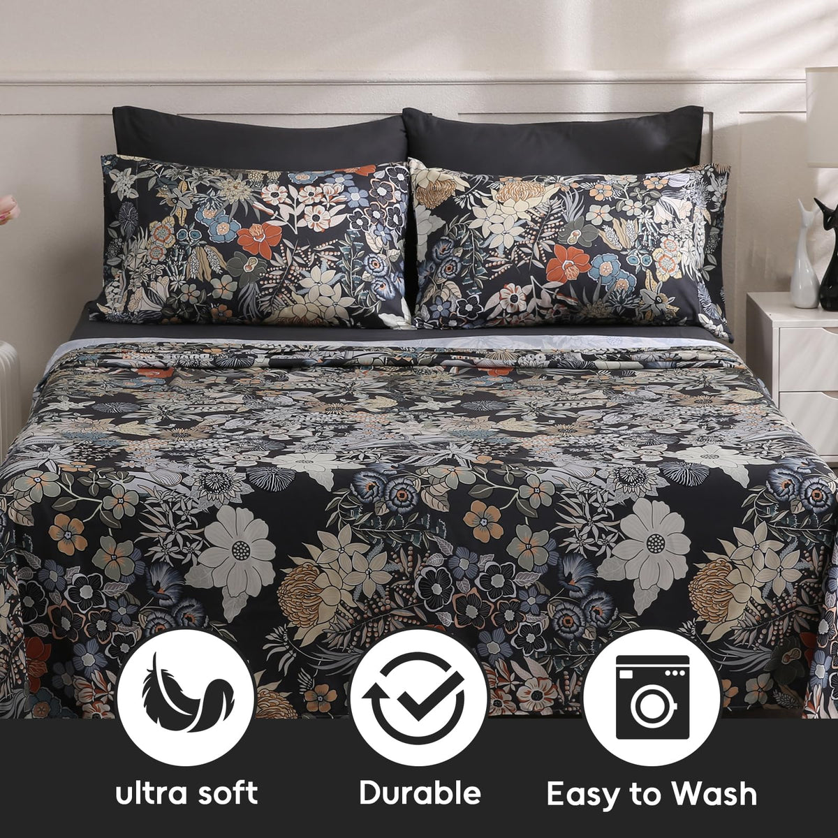 LONAVA Flower Queen Size 6 Pcs Sheet Set, Breathable Microfiber Deep Pocket Black Fitted Sheets, Comfy & Breathable Patterned Flat Sheets,4 Gentle Soft Pillowcases, Midnight Blossoms