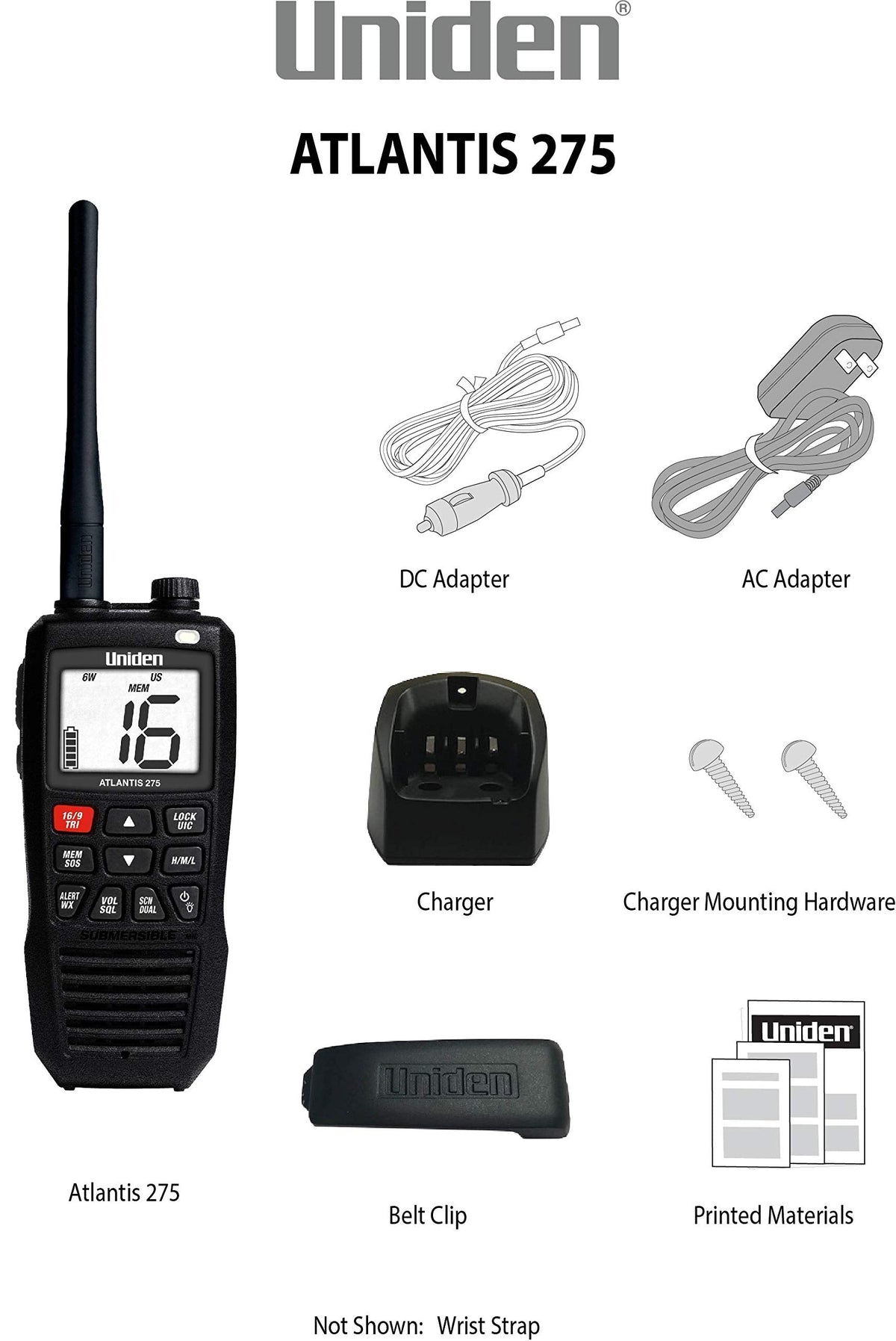 Uniden Atlantis 275 Handheld Two-Way VHF Marine Radio, Floating IPX8 Submersible Waterproof, Large Dual-Color Screen, 6-Watt, All USA/International/Canadian Marine Channels, NOAA Weather Alerts