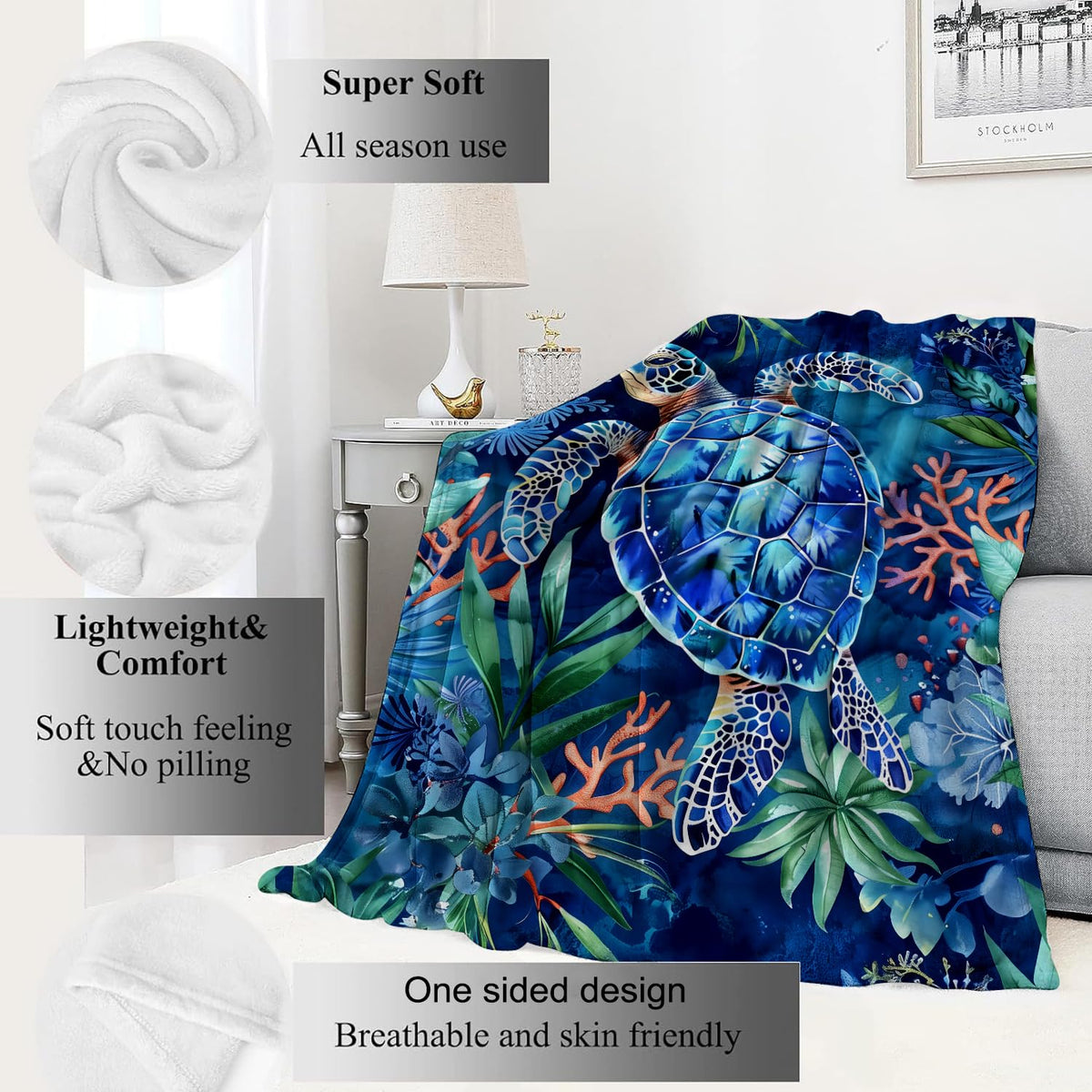 VODRM Sea Turtle Blanket Underwater Coral Reef Blue Throw Blankets,Birthday Gifts for Kids Adult & Ocean Lovers,Lightweight Soft Fleece with Marine Life,for Sofa Couch Bed Room Decor 50x60in