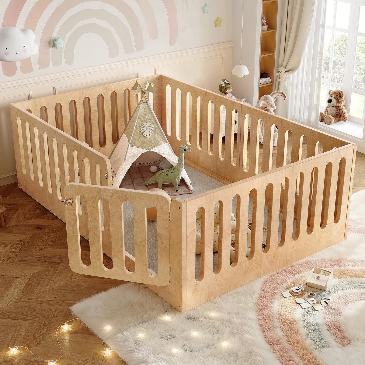 KEIKI Full Size Wood Montessori Floor Bed Frame with Door, for Girls and Boys, Modern Style Low-Profile Design Floor Bed with High Fence, Easy Assembly, No Box Spring Required, for Bedroom, Natural