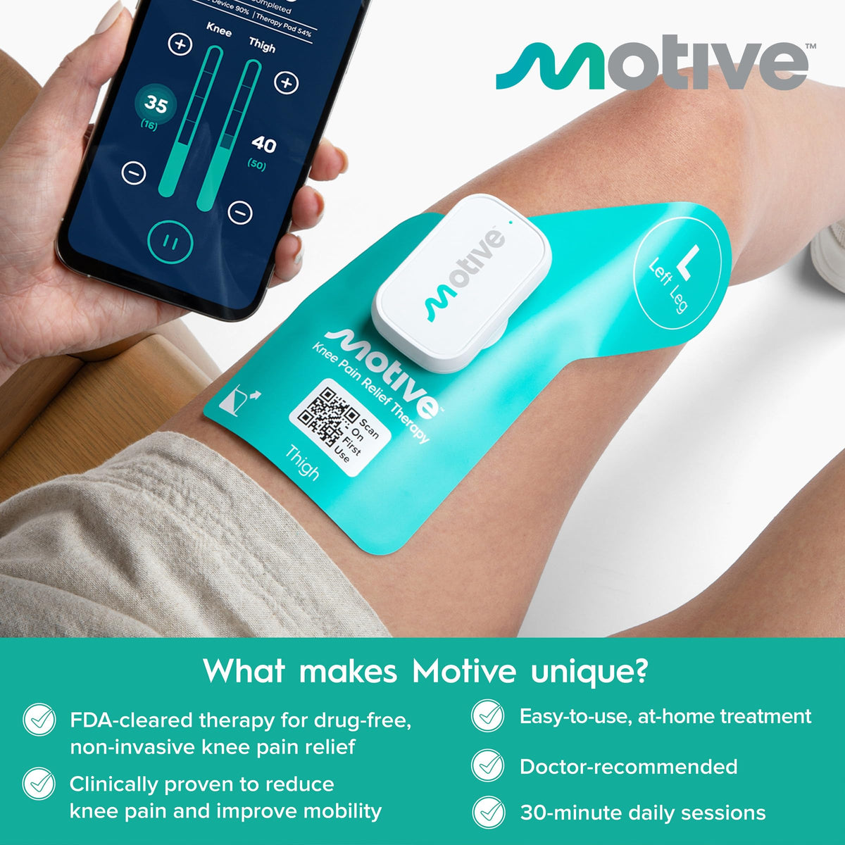 Motive Knee FDA Cleared NMES Knee Pain Relief Device for Quadriceps Strengthening, App-Controlled Knee Therapy Machine for At-Home Motive Knee Pain Therapy
