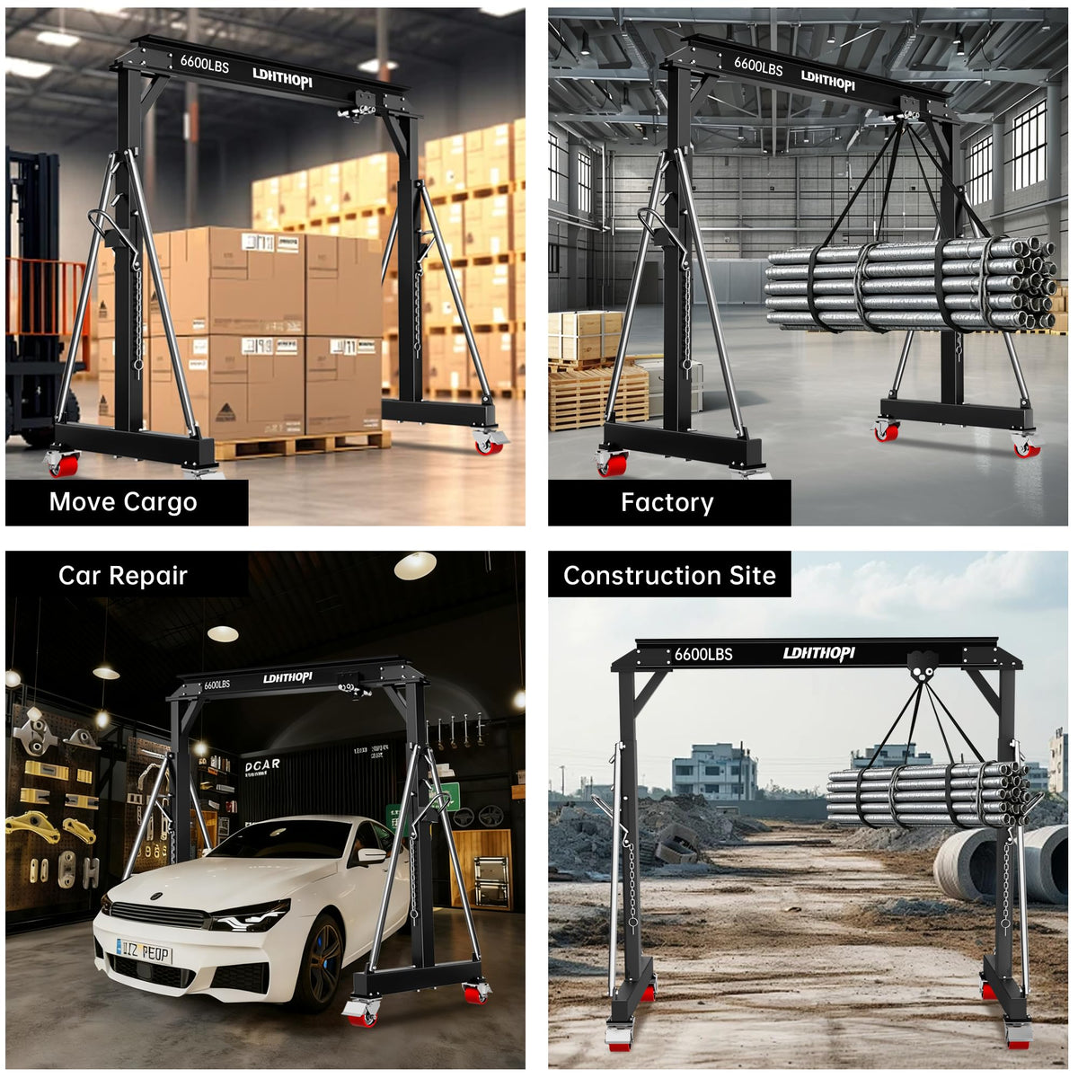 LDHTHOPI 3 Ton Gantry Crane, 6600LBS Adjustable Gantry Crane with 8.53-12.47ft Height, Shop Lift Hoist with Manual Trolley, Hook & Shackles for Warehouse, Factory,Auto Repair & Construction,Black