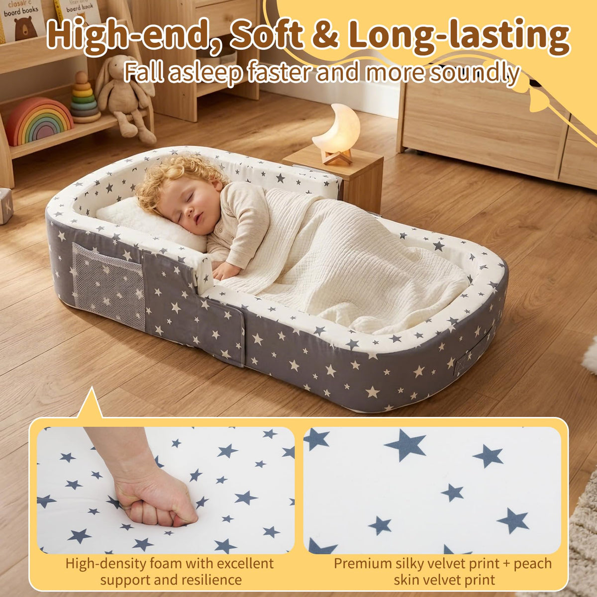 Toddler Travel Bed, 2-in-1 Portable Toddler Bed Sofa Chair Convertible Travel Crib with Storage Pockets, Foldable Portable Toddler Bed Sofa Chair Velvet Washable Covers for Kids Camping Hotel Sleeping