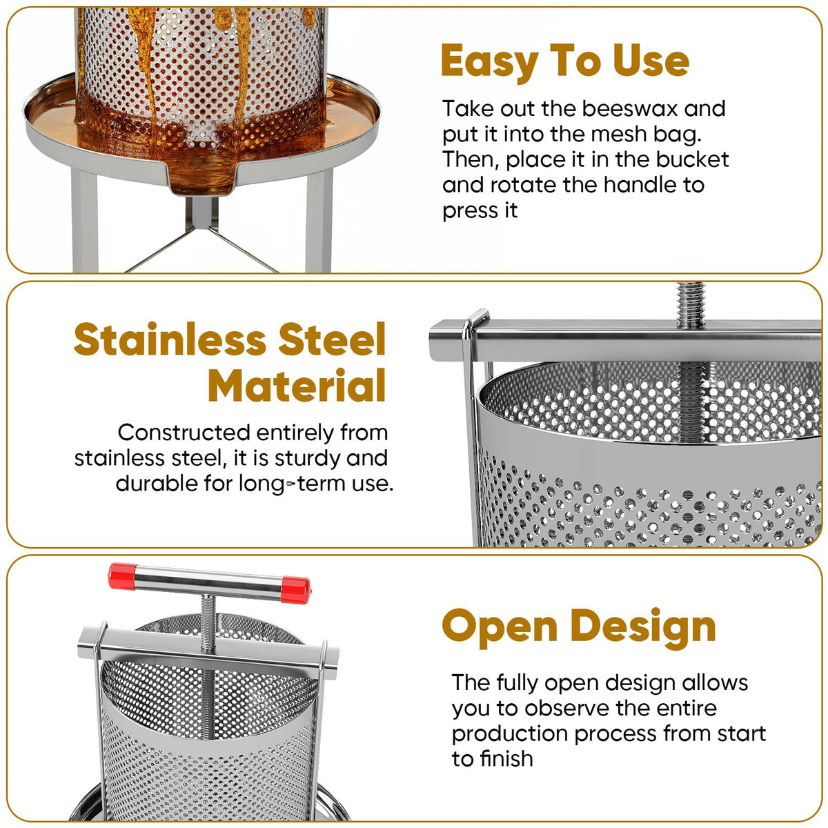 FWTRMRC Honey Press, 3.5 Gallon Honey Extractor Manual Stainless Steel Bee Honey Press Extractor Household Manual Mesh Honey Press Extractor Machine for Wine Honey and Juice Making