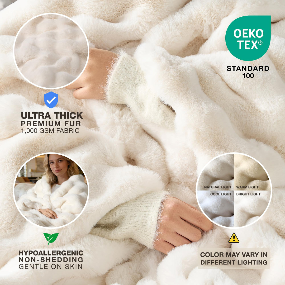 Luxury Ultra Soft Faux Fur Throw Blanket, 50x60 Inches Fluffy Plush Thick Bubble Blanket for Couch and Sofa, Premium Velvet Cozy Lola Fuzzy, 1000 GSM (Cream White)