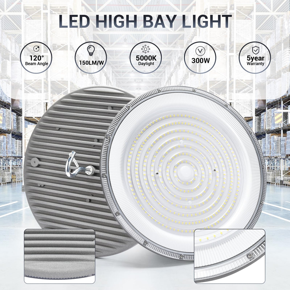 XYCN 10 Pack 300W UFO Led High Bay Light,120VAC,5000K Daylight Commercial Bay Lighting,IP66 Waterproof,45050LM,1300W MH/HPS with Plug Area Light for Warehouse/Shop/Workshop/Barn/Gym/Factory
