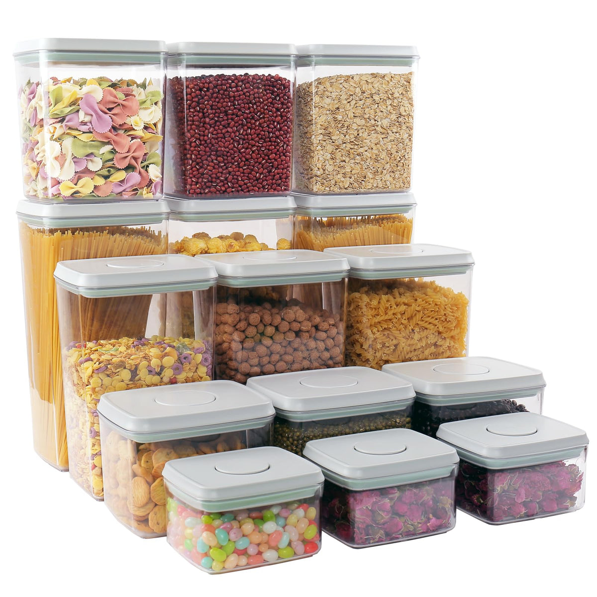 Cozey Daily Pop Containers with Lids - Stackable Airtight Food Storage, Kitchen Pantry Storage Containers for Snacks Candy Salt Herbs Spices BPA-Free (15PCS (0.5 + 1.2 + 2.0 + 2.7 + 3.3 Qt) * 3)