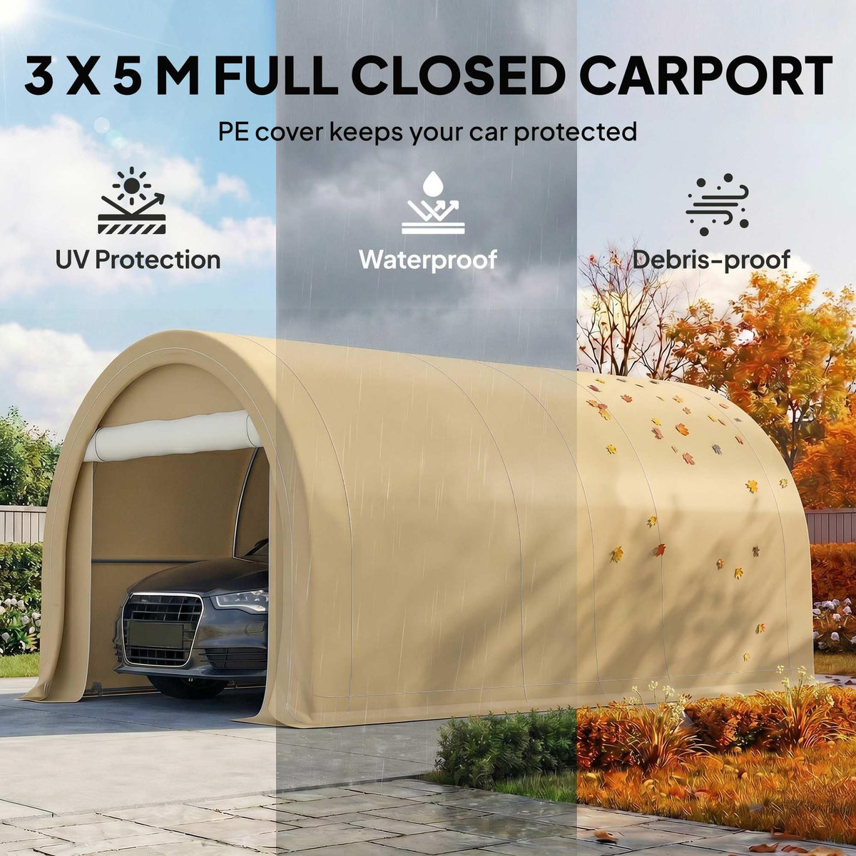 Outsunny 10' x 16' Carport, Heavy Duty Portable Garage Storage Tent with Large Zippered Door, Anti-UV PE Canopy Cover for Car, Truck, Boat, Motorcycle, Bike, Garden Tools, Outdoor Work, Beige