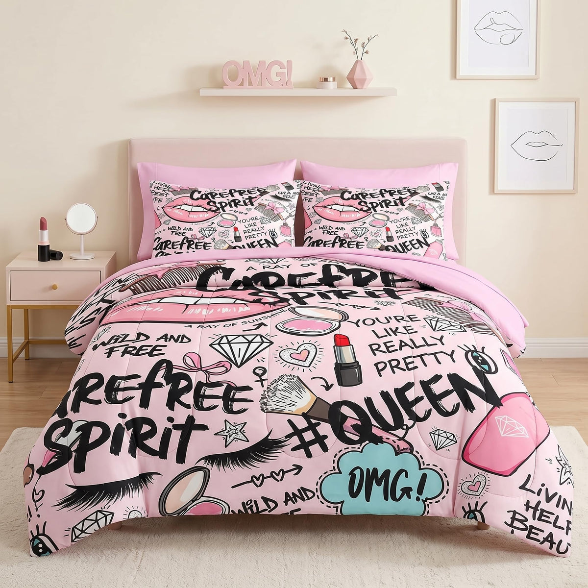 Pamnest Comforter Set Queen Size, Makeup Pink Queen 7 Pcs Bedding for Kids and Adults, Women Diamond Cute Bed Sheet Sets with Fitted Sheet 2 Pillowcases & 2 Shams for Bedroom Bed Decor
